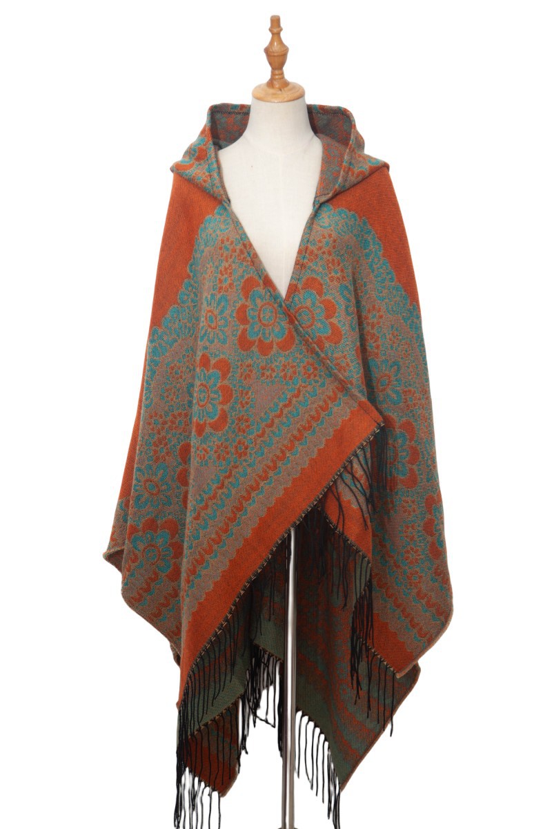 Cape à pompon unisexe Cape à capuche en jacquard de style ethnique automne-hiver_voghion.com