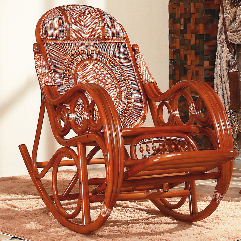 Rattan Chair Free and unfettered Adult's Household Rattan Rocking Chair Lazy Person Balcony Leisure Old Man Real Rattan Recliner Solid Wood Teng Rocking Chair