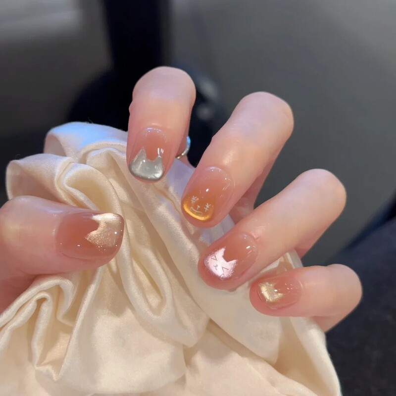 Yuanxi Dopamine Nude Cat Eye Cat Hand-Painted Whitening Effect Handmade Wearable Nails Removable Nail Stickers Wholesale Yuanxi Dopamine Nude Cat Eye Cat Hand-Painted Whitening Effect Handmade Wearable Nails Removable Nail Stickers Wholesale