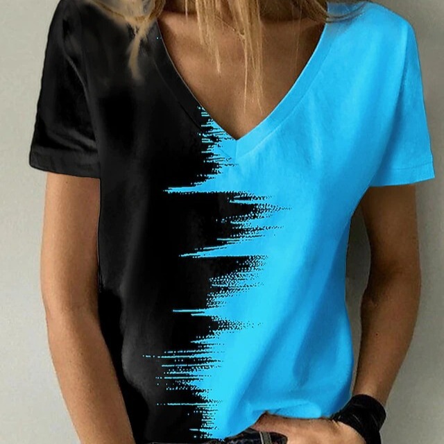 Women's T-shirt green blue toner printing short sleeve casual weekend basic V-neck abstract 3D printing painting T-shirt