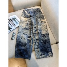 错视糜烂破坏涂鸦3D打印baggy宽松牛仔长裤涂鸦色现货整单嘻哈
