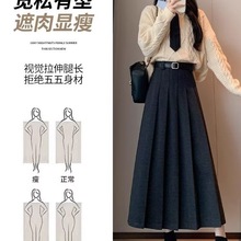 秋冬新款美式复古大码胖mm时尚学院风百褶裙女毛呢防走光半身裙子