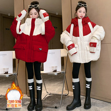 女童冬装棉服外套2024新款韩版洋气中大童拼色中长款连帽羽绒棉衣