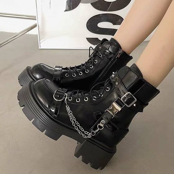Sweet Cool Thick Bottom Martin Boots Women's Autumn 2023 New Black All-match Motorcycle Boots Increased British Style Short Boots Tide