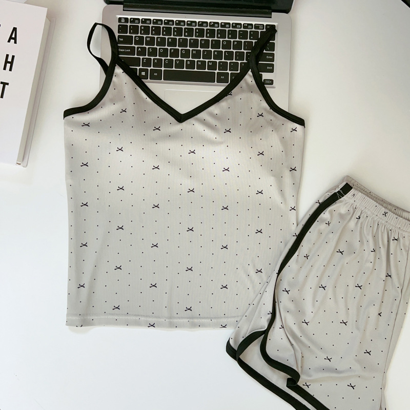 胸パッド付きオールインワンキャミソールレディース夏ピュアセクシーキャミソールストライプショーツパジャマホームウェア2点セット