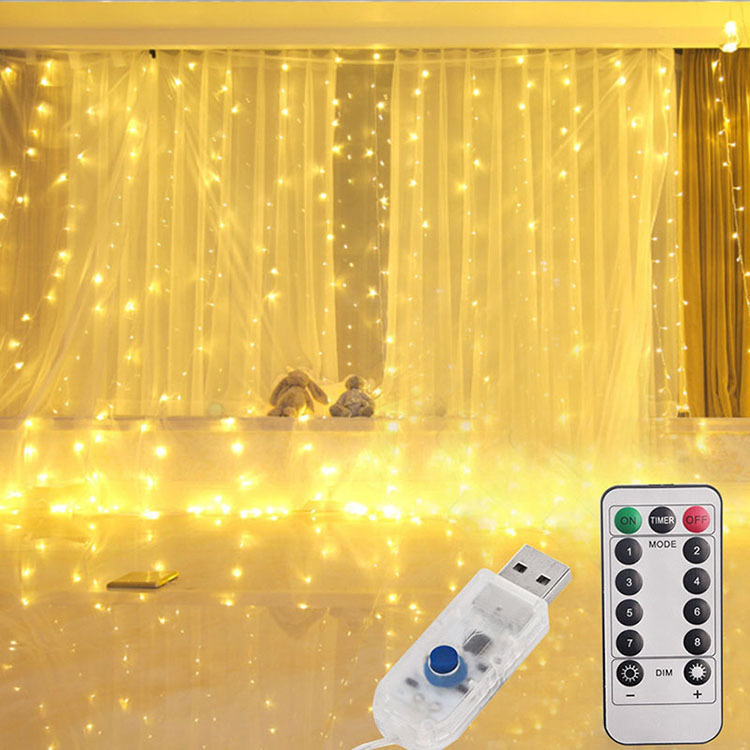 Control remoto USB transfronterizo 3*3 lámpara de alambre de cobre 300 cuentas cortina de luz de cadena de Navidad decoración de vacaciones de la boda LED luces decorativas de colores