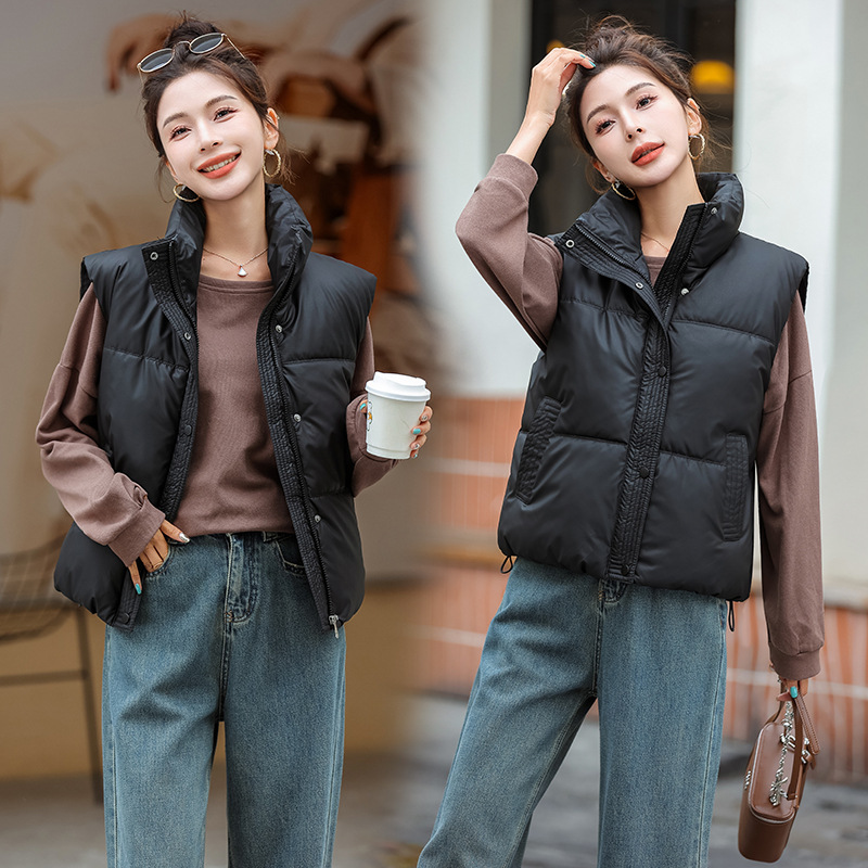 Chaleco de algodón de pluma para mujeres 2024 otoño y invierno nuevo estilo coreano de algodón suelto hombro collar de collar de algodón de color sólido chaleco