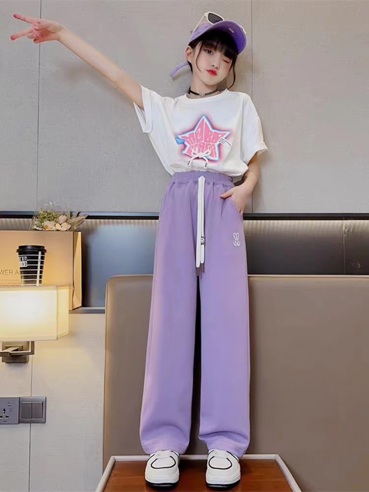 Girls' trousers, spring and autumn, stylish casual wide-leg pants, Korean style straight-leg pants, ice silk long pants for girls.