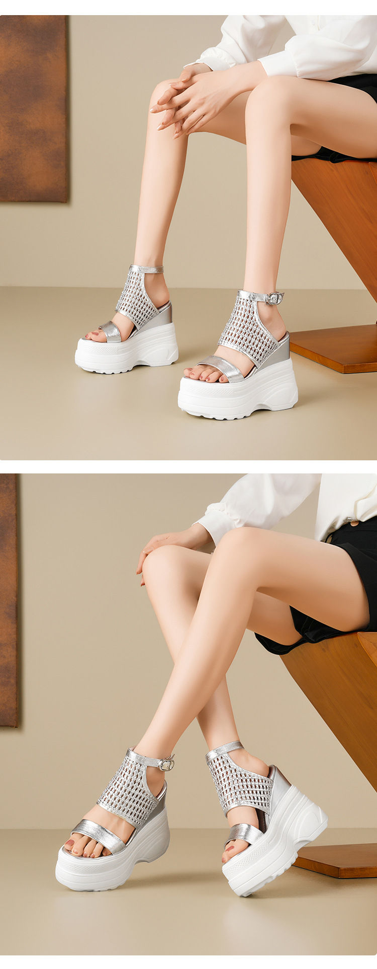 Sandal La Mã nữ đế xuồng cao gót 14 cm hở mũi thoáng khí — Màu đen, Màu vàng nhạt, Màu bạc chi tiết 8