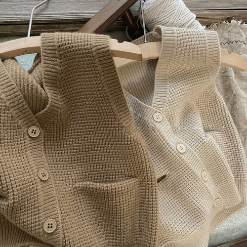  Spring and Autumn New Children's Apparel Korean Style Honeycomb Pocket Knit Cardigan Vest for Boys and Girls Solid Color Simple Knit Jacket Outerwear