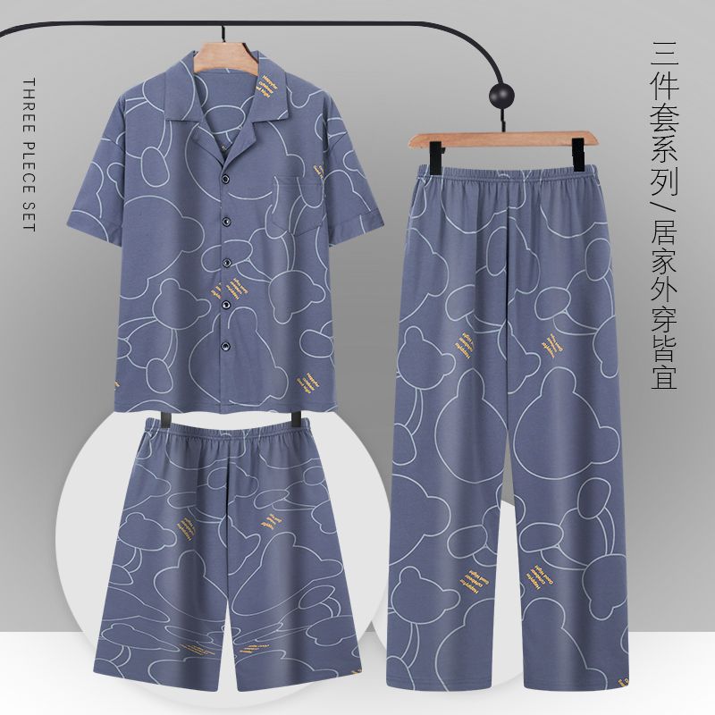 Pijamas de algodón para hombres de verano pantalones de mangas cortas para hombres adolescentes de verano ropa delgada para el hogar tres piezas