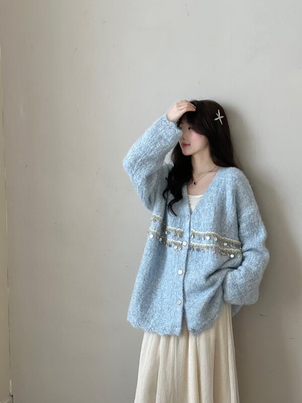 时尚亮片V领休闲开衫毛衣女2025秋冬新款韩版宽松甜美针织衫外套|undefined
