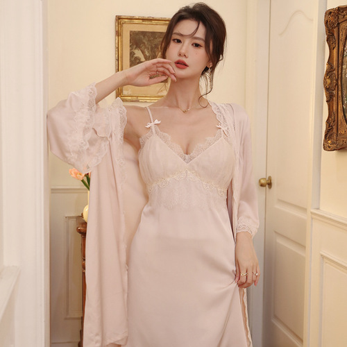 French New Summer Sexy Suspender Covered High-end Suit Ice Silk Short Nightgown Home Clothing Two-piece Set for Women