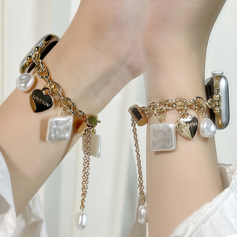 跨境新款适用iwatchS10 苹果手表带S9爱心珍珠时尚简约手表链华为