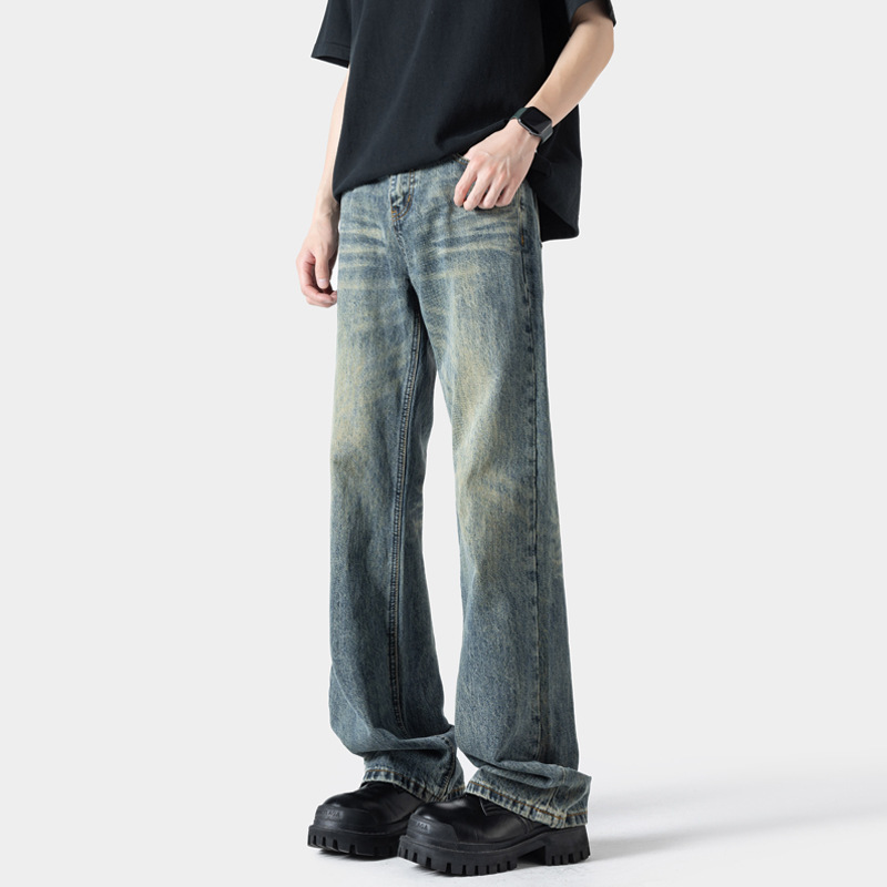 American Retro Blue Jeans for Men, Summer Trendy Brand, Loose Fit, Cleanfit, Tall Individuals, Slightly Flared Pants, Casual Long Pants