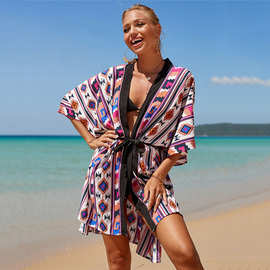 欧美外贸女装涤纶印花拼边沙滩罩衫性感开衫度假披肩比基尼外罩衫