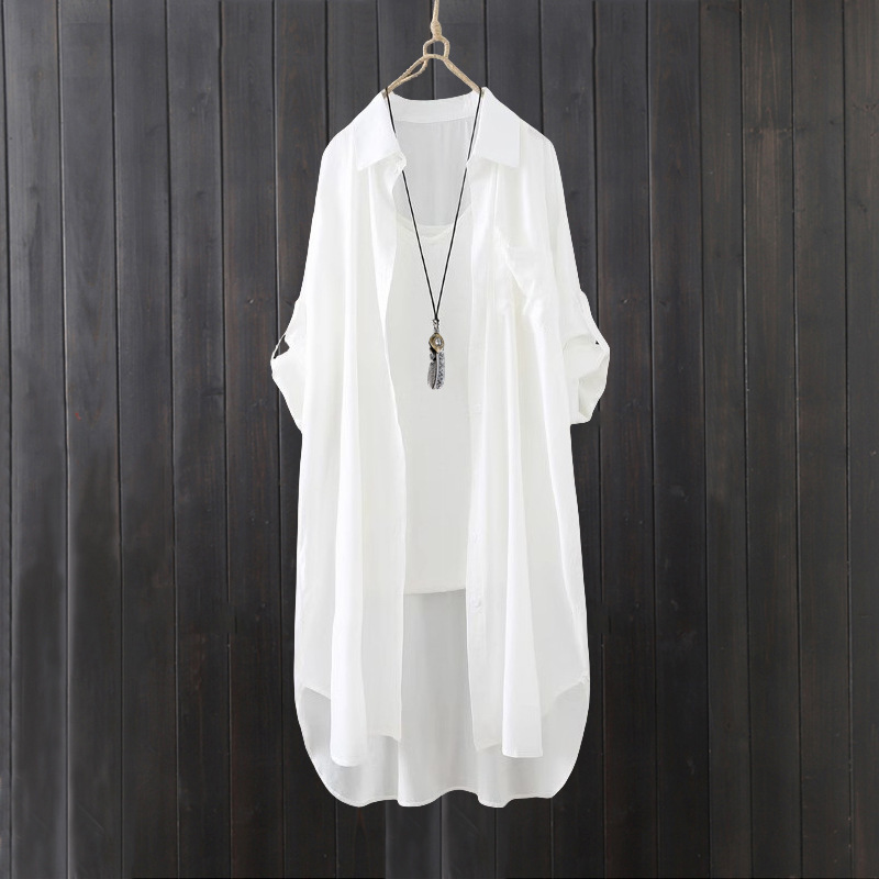 Cross-border Export Mid-length Solid Color White Shirt Women's Summer Artistic Loose Front Short Back Long Sunscreen Shirt Thin Jacket Cross-border Export Mid-length Solid Color White Shirt Women's Summer Artistic Loose Front Short Back Long Sunscreen Shirt Thin Jacket