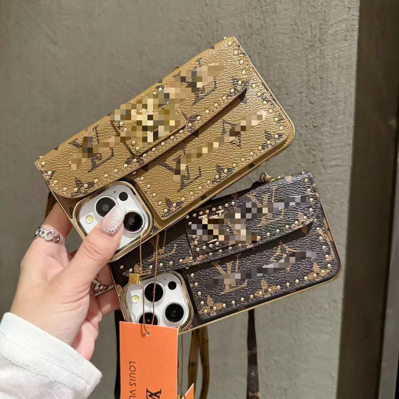 Suitable for iPhone 16 Pro Max Phone Case Backpack with Rivet Card Holder Stand Phone Cover Light Luxury Handbag Crossbody