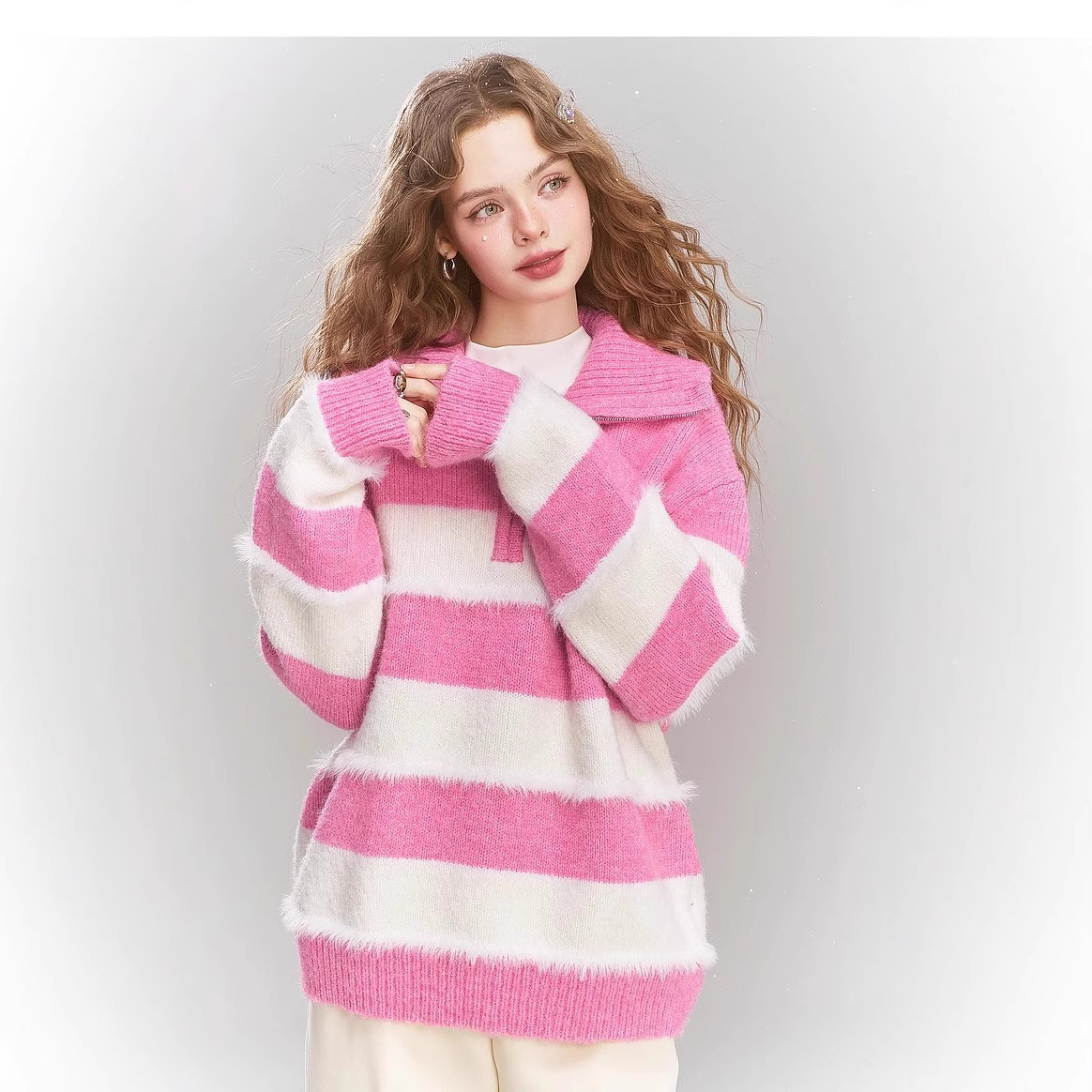Fairy's Pocket Striped Contrast Color Polo Collar Sweater Women's…