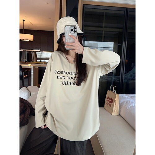 Gold Luster Official Image【+Original Version Method】Lazy Style Letter Long Sleeve T-Shirt for Women as Inner Layer Base Shirt Loose