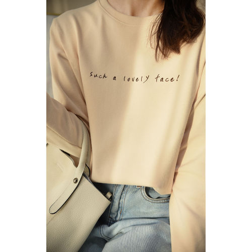 Double-sided white faux fur padded new autumn and winter letter print long-sleeve Korean-style loose slimming round neck base top