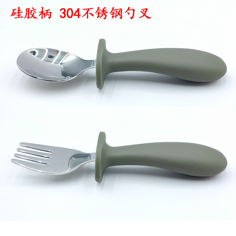 Long-Handled Stainless Steel Spoon and Fork, Anti-Scalding Silicone Handle, Baby Training Spoon and Fork, Baby Feeding Spoon, Noodle Fork
