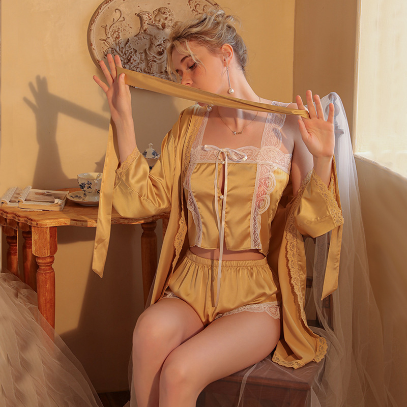 High End Suspender Nightgown Women's Ice Silk Summer Three Piece Set Suspender Sexy Pajamas_voghion.com