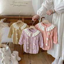 秋冬婴幼儿毛织连体衣荷叶领包屁衣女宝宝长袖手勾花撞色哈衣爬服