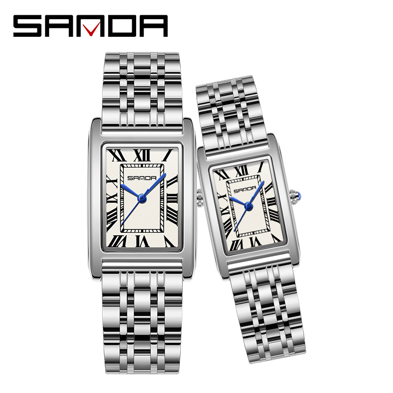 Sanda's Popular Fashion Belt Couple Watch Square Steel Belt Three-Pin Men's and Women's Watch Simple Roman Numeral Quartz Watch