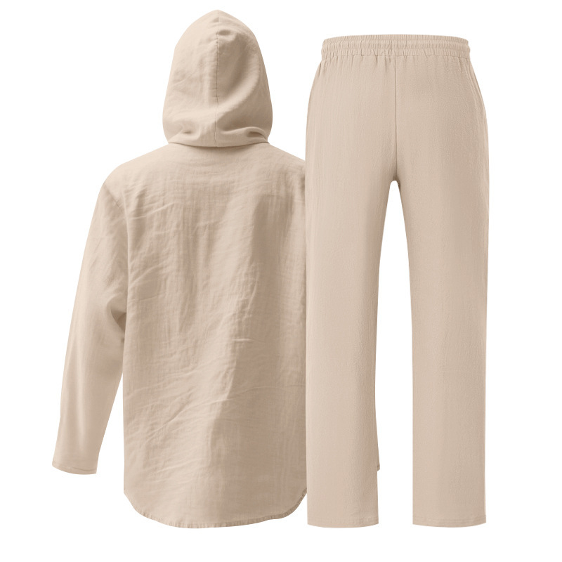 Men's Casual Breathable Linen Hooded Long Sleeve Shirt Cardigan Spring Summer Style Loose Fit Set_viptrois.com