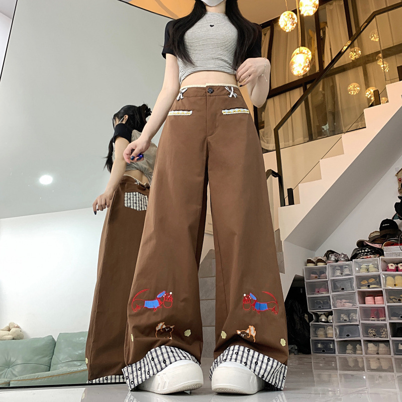 子供っぽい刺繍入りの頑丈な綿パンツ、女性用春と夏のレトロな多用途のルーズストレートカジュアルロングパンツ|undefined