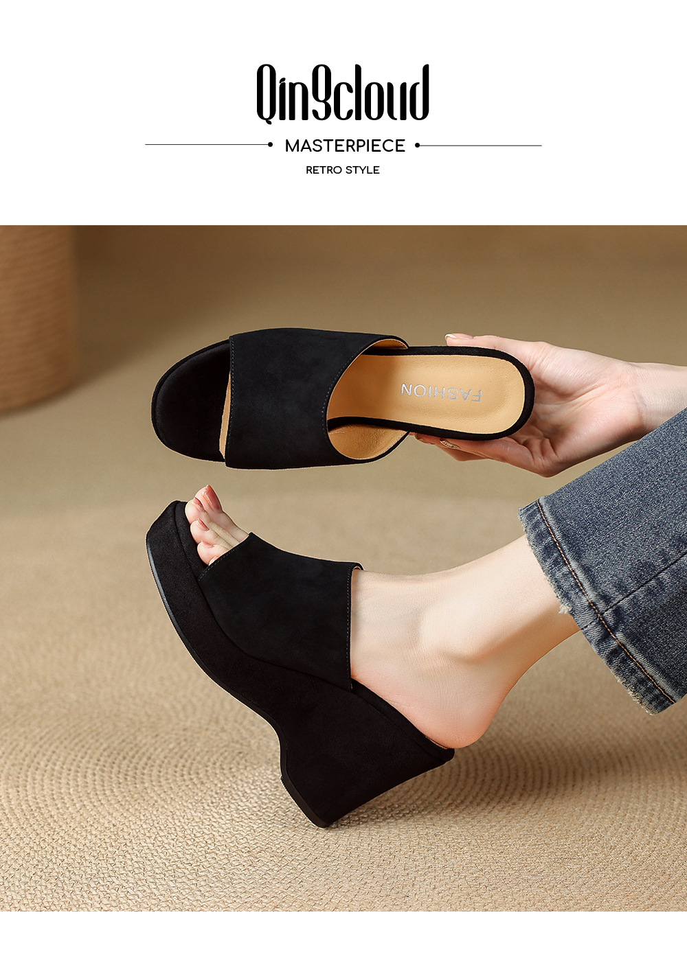 Sandal cao gót nữ đế xuồng 9cm quai ngang hở mũi chất liệu da lộn — màu đen, màu mơ chi tiết 2