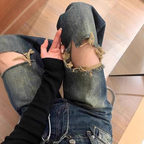 Retro Distressed Raw-edge Ripped Jeans for Women: High-waisted, Loose-fit, Wide-leg, Slimming Straight-cut Long Pants for Spring and Summer
