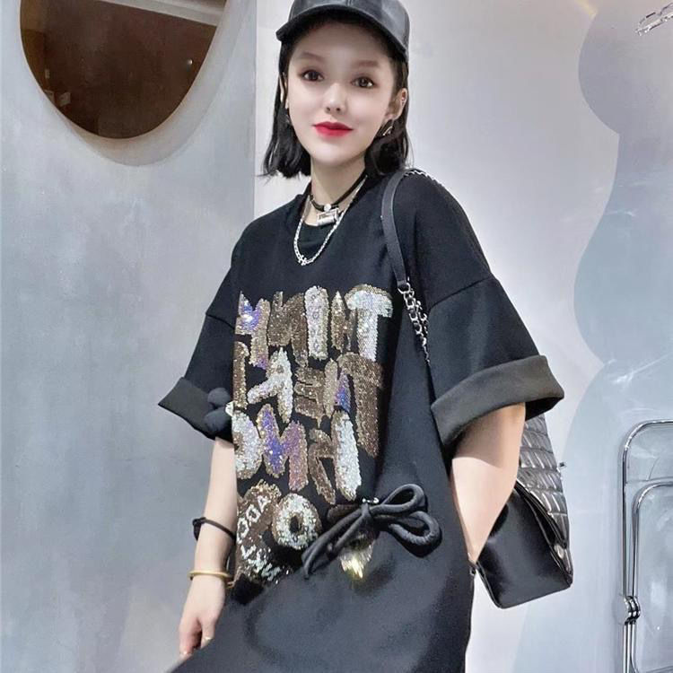 Gran tamaño de ropa de mujer grasa mm2 - 300 kg industria pesada caliente perforación media y larga camiseta de manga corta de moda de mujer nueva camiseta de manga corta falda