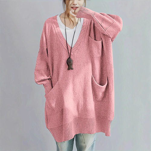 Lazy-style loose V-neck turtleneck mid-length knitted dress with long sleeves, outerwear sweater