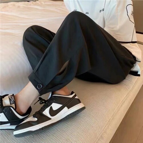 Black Button Lantern Pants for Men, Loose Tuck-in, Thin Fall Version, Wide Leg, Nine-Inch Casual Pants for Men, Cool and Suave
