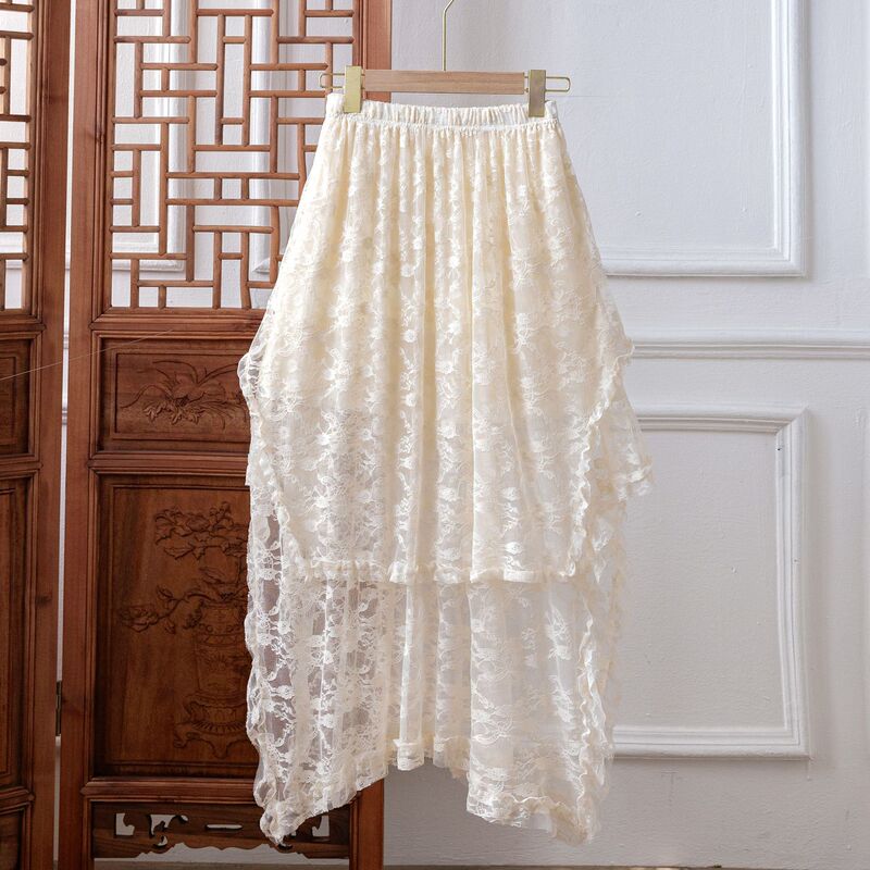 New Holiday-Style Lace Irregular Design Low-Waist Skirt, Thin Outerwear Long Skirt, White Base Can Be Tie-Dyed New Holiday-Style Lace Irregular Design Low-Waist Skirt, Thin Outerwear Long Skirt, White Base Can Be Tie-Dyed