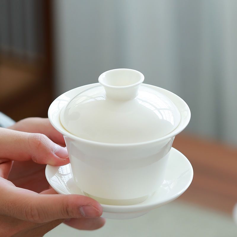 羊脂玉盖碗德化白瓷单个描金茶杯陶瓷大号泡茶器家用功夫三才茶|ru