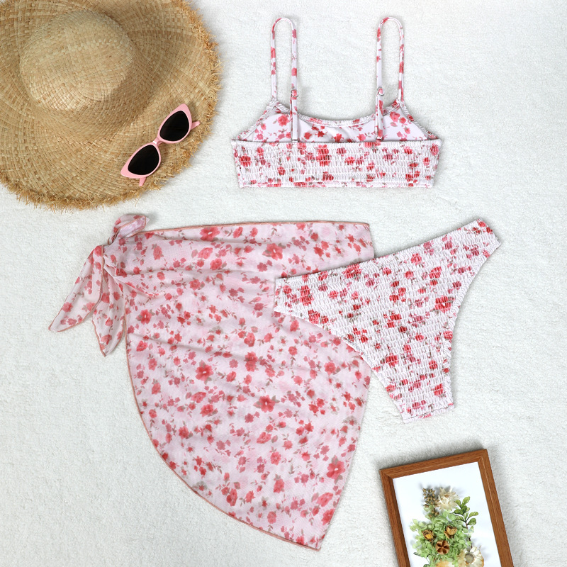Women's Split Bikini Three-piece Swimsuit Floral Beach Wrap Set_voghion.com