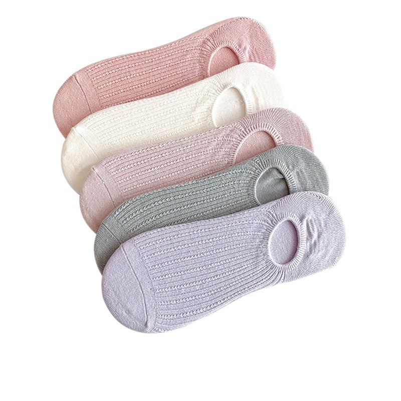 Verano de estilo japonés de doble aguja de color sólido calcetines de algodón Calcetines invisibles de las mujeres delgadas antideslizante talón antideslizante entrega de una sola pieza