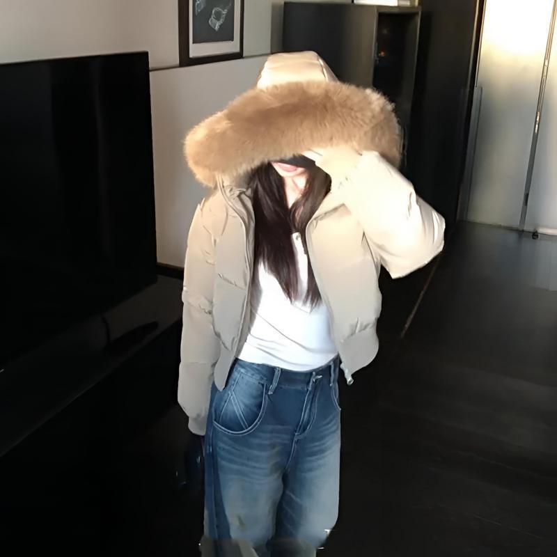 美式复古驼色冬季毛领连帽羽绒棉服女收腰加厚保暖短款面包服外套|undefined