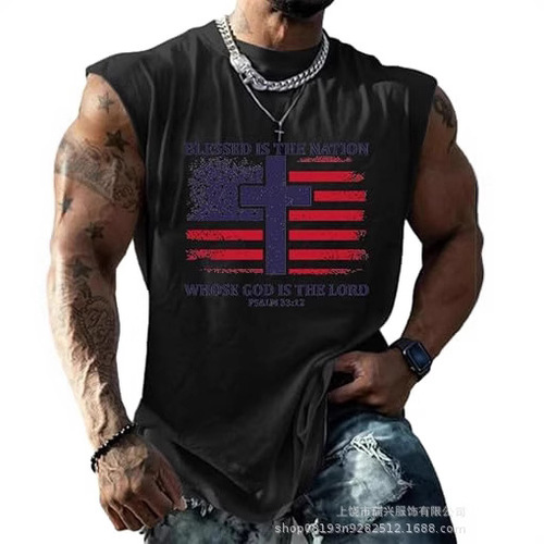 2025 Cotton-Like Support 3D Printed Fitness Tank Top for Men Running USA American Wide Shoulder Sleeveless Backless Top