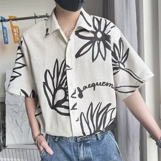 夏季新款制作小众雏菊印花衬衫男时尚潮流百搭个性宽松短袖衬衣潮