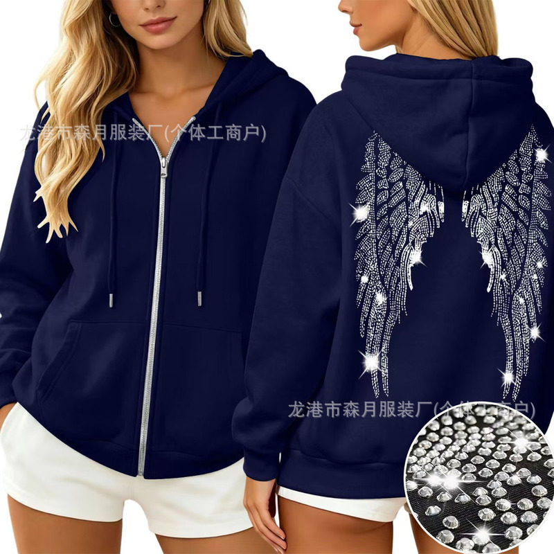 Starry Rhinestone Zipper Hoodie with Diamonds, Street Style Trendy Women's Brand Winged Top