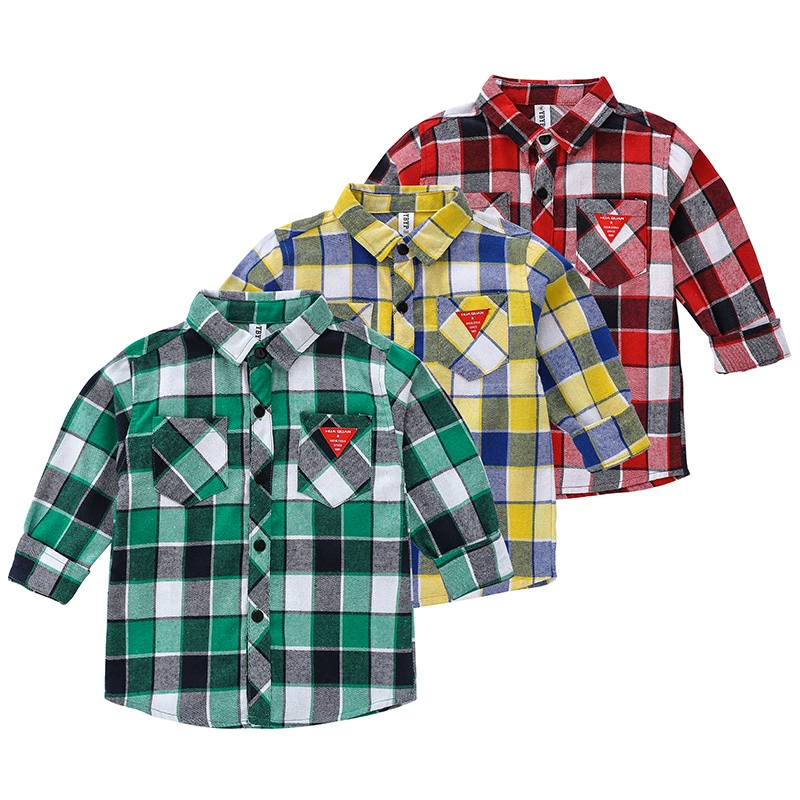 Новая рубашка с длинным рукавом для мальчиков и девочек, автомобильный штамп, детский мультяшный треугольный штамп, карманная клетчатая рубашка, повседневная детская одежда