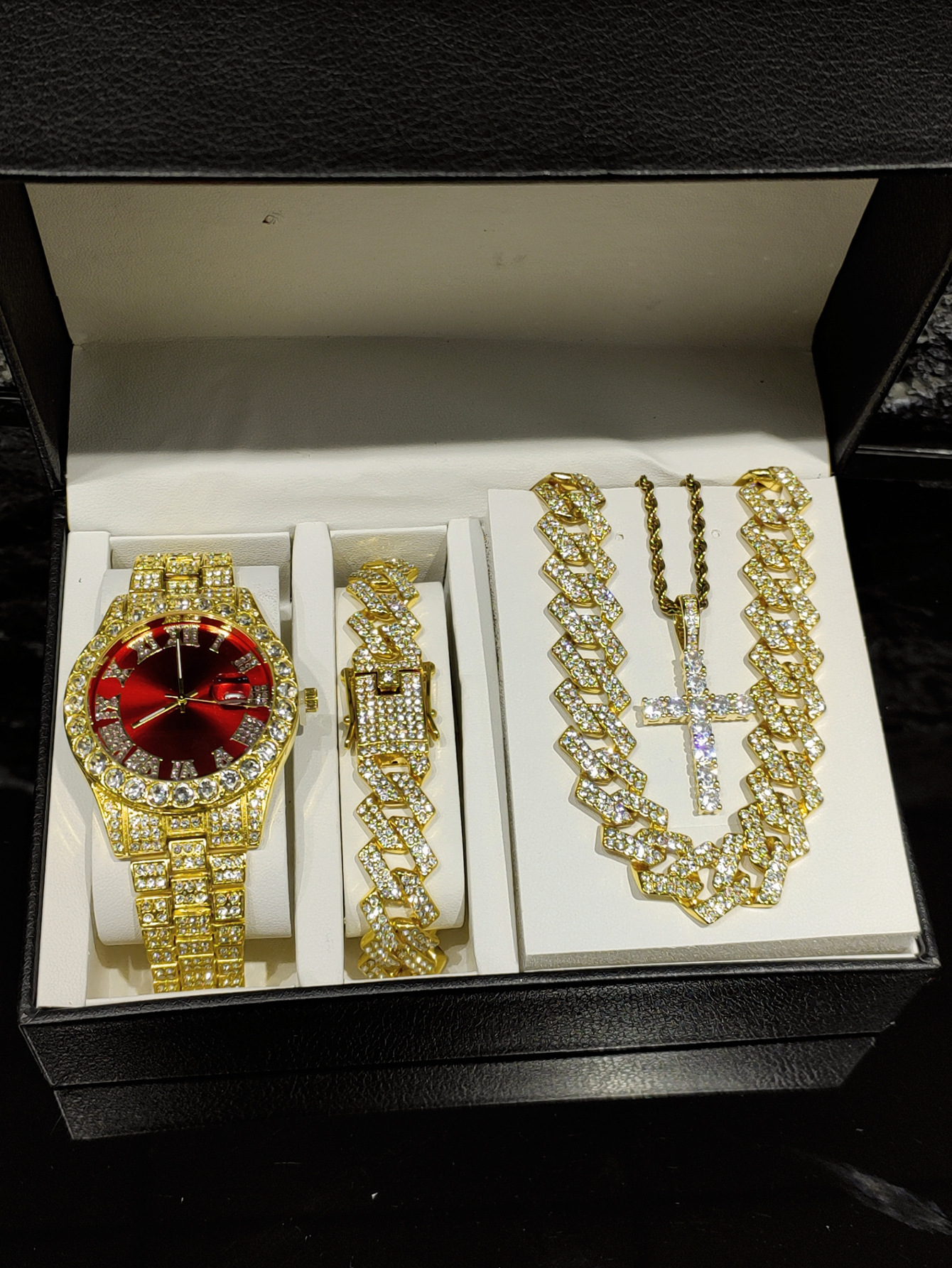 Aleación Hip Hop Diamond Reloj romano Juego de pulsera cubana Calendario de aleación de zinc Reloj de cuarzo wristwatches