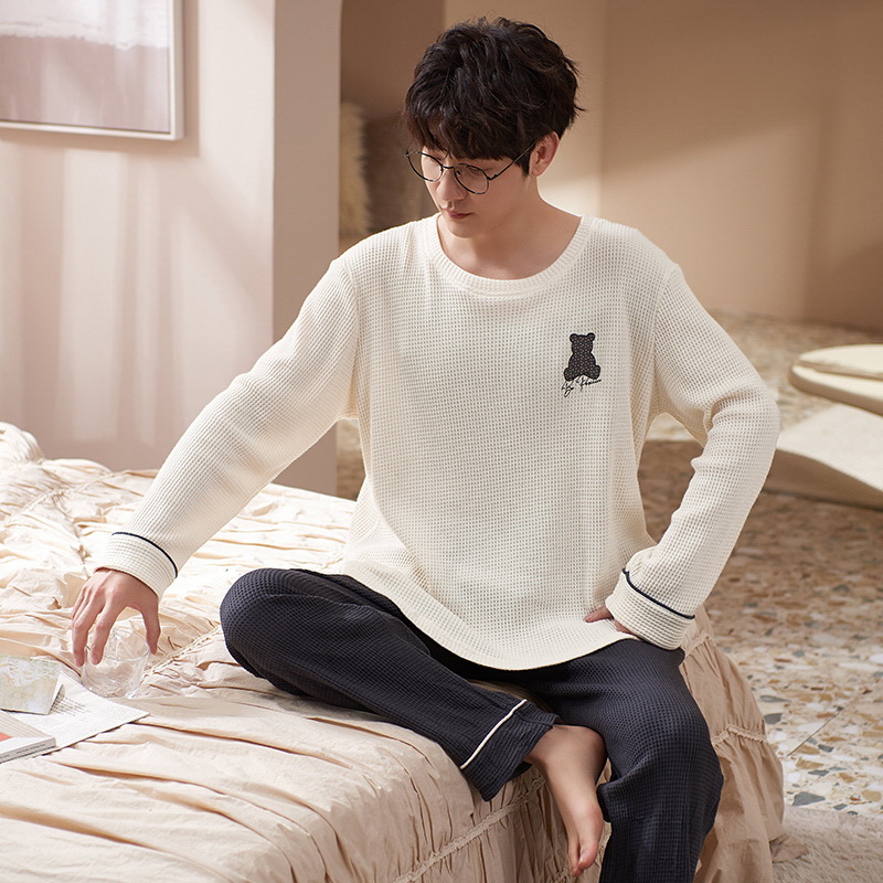 Nuevos pijamas de los hombres de primavera y otoño de algodón pantalones de manga larga de los hombres jóvenes de invierno casual ropa de casa traje de dos piezas