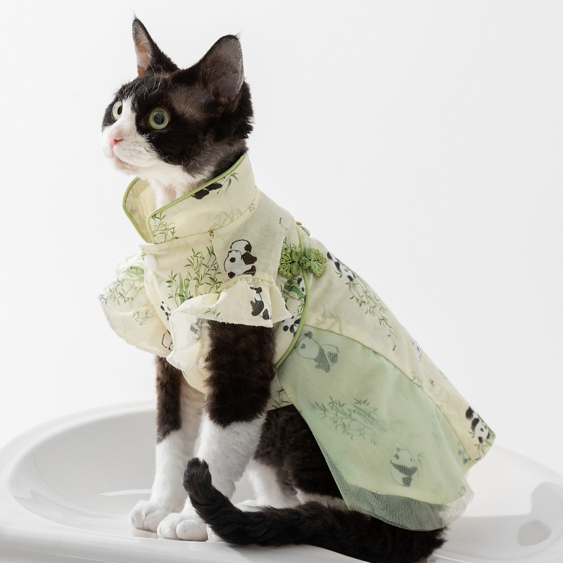 Gato primavera y verano estilo chino panda bambú pareja vestido vestido de gato pequeño vestido de gato mascota ropa de gato