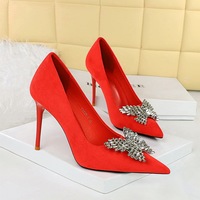 825-K53 style banquet high heels, slim heels, women's shoes, suede, shallow mouth, pointed metal butterfly rhinestone single shoes