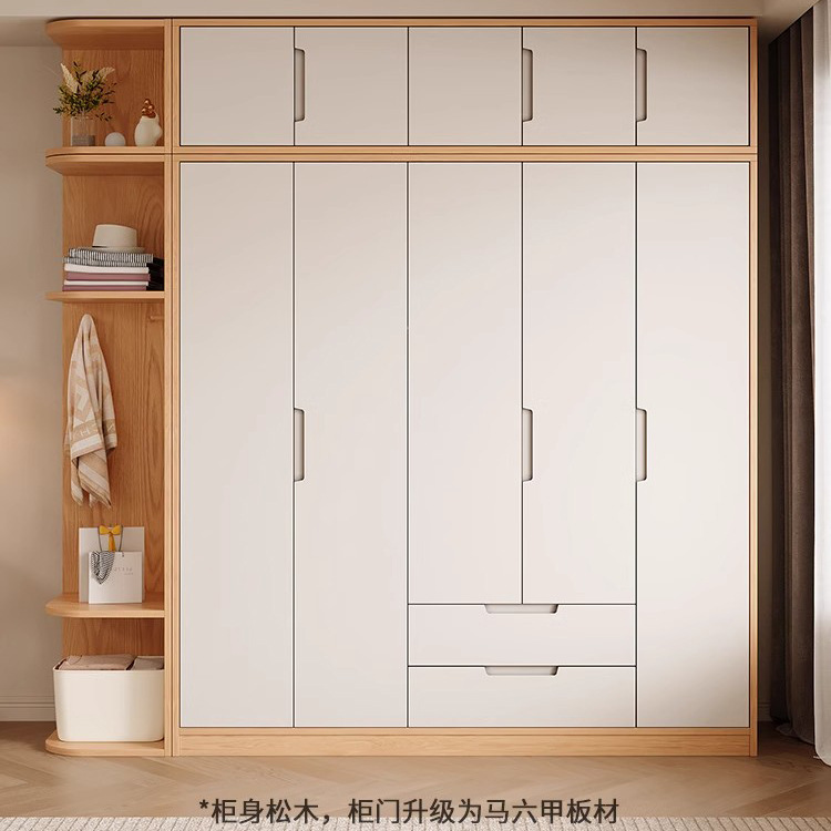 Customized Solid Wood Wardrobe Bedroom Closet Storage Cabinet Pine Assembly Natural Wood Cabinet New Chinese Style Eco-Friendly All Solid Wood